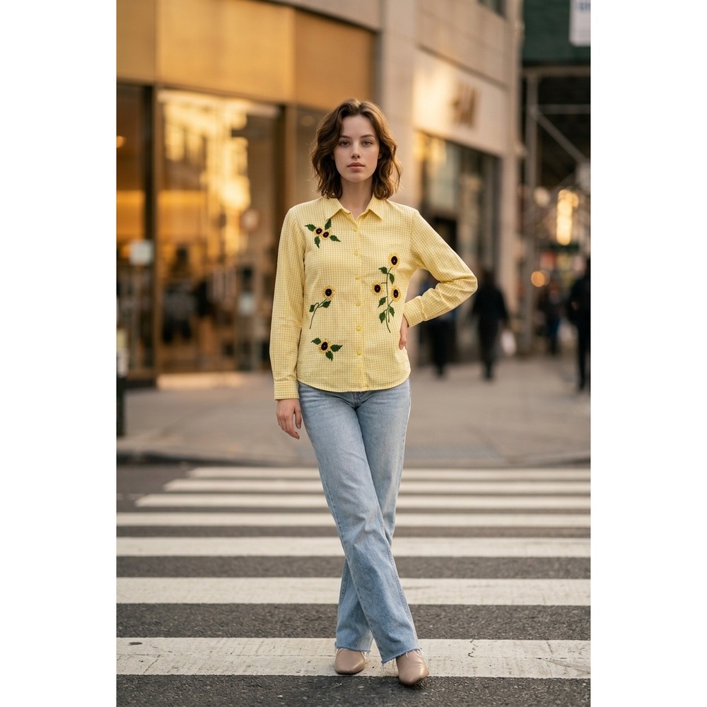 Vintage Sunflower Embroidered Button Up Pastel Gingham Check Cottagecore‎ Granny